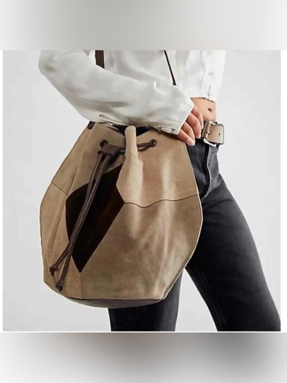 Free People Tovey Suede Bucket Bag Tan Drawstring